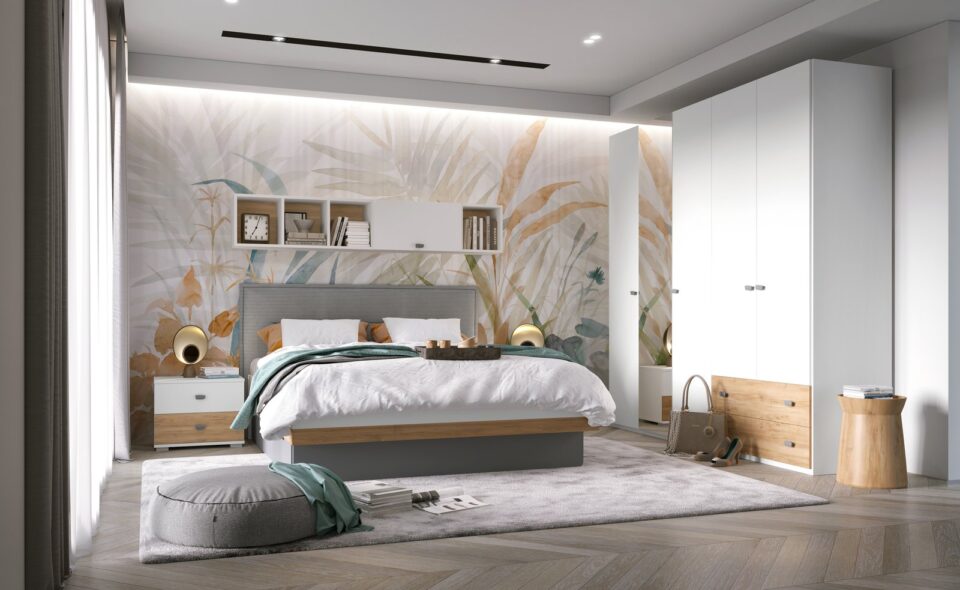 Spalnica All Room Concept s posteljo, nočnima omaricama in garderobno omaro