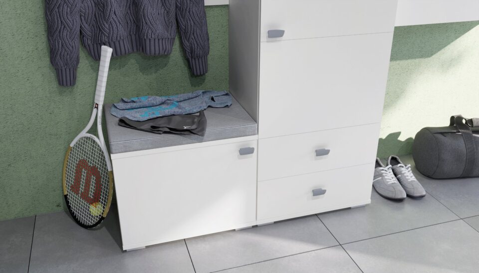 Predsoba All Room Concept z omarico, visoko omaro in klopjo s sedežem