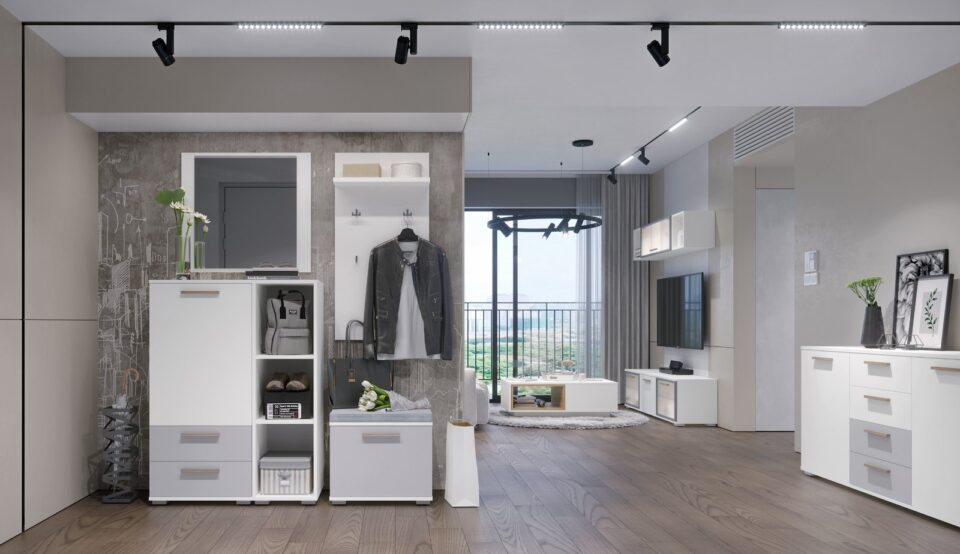 Predsoba All Room Concept z omarico, regalom, klopjo in ogledalom