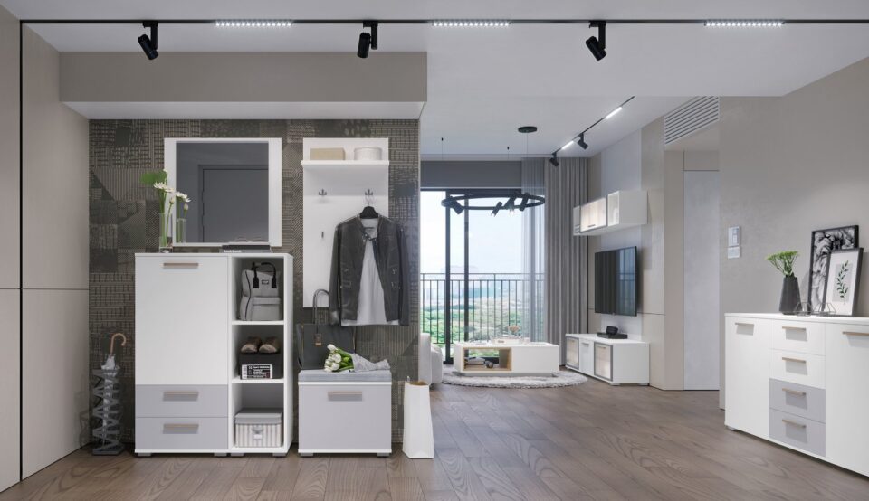 Predsoba All Room Concept z omarico, regalom, klopjo in ogledalom