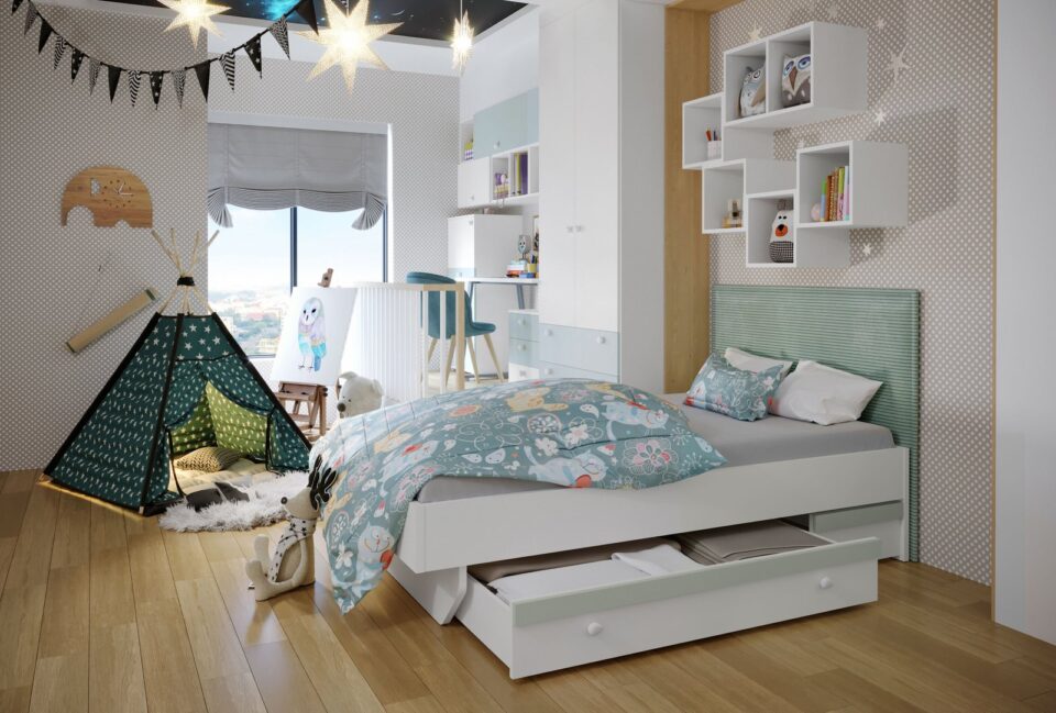 Otroška soba All Room Concept s posteljo, predalom in stenskimi policami