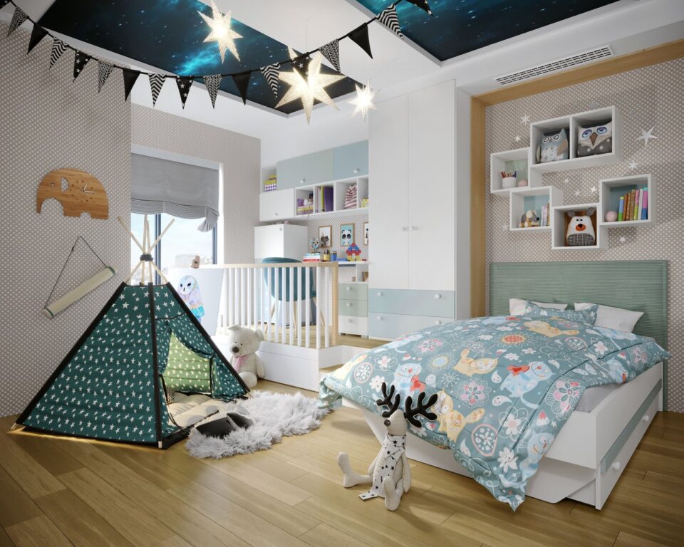 Otroška soba All Room Concept s posteljo, predalom in stenskimi policami