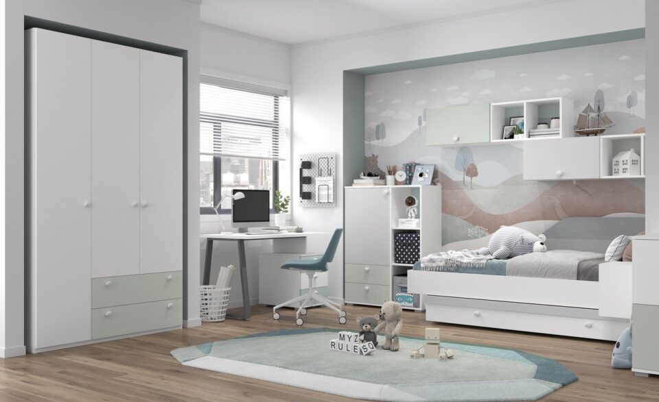 Otroška soba All Room Concept v pastelni zeleni s posteljo, komodo in garderobno omaro
