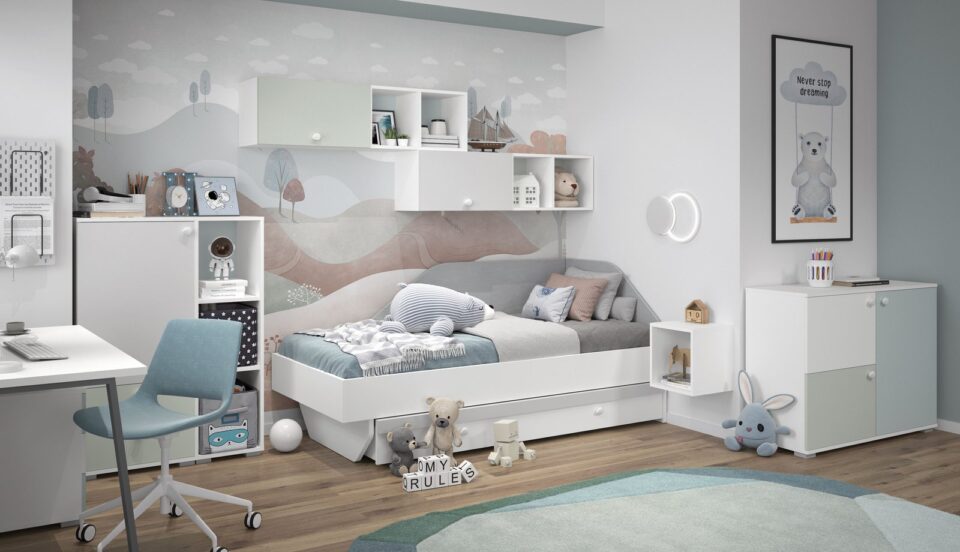 Otroška soba All Room Concept v pastelni zeleni s posteljo, komodo in garderobno omaro