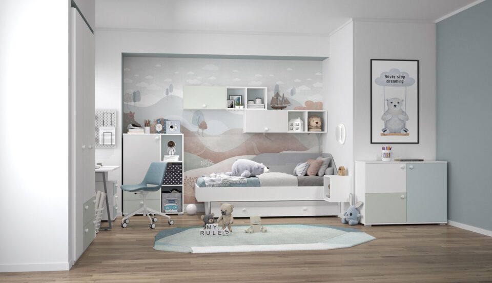 Otroška soba All Room Concept v pastelni zeleni s posteljo, komodo in garderobno omaro