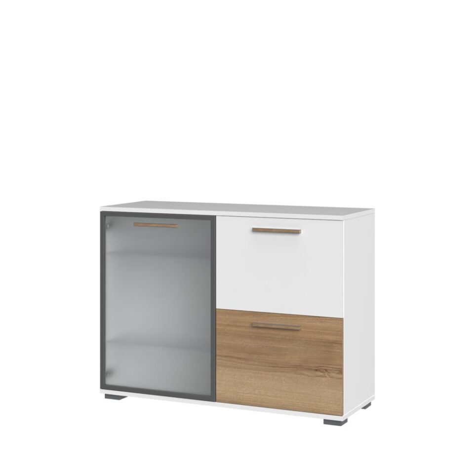 Komoda All Room Concept C8, fronte bela in pacifik oreh, s steklenim krilom