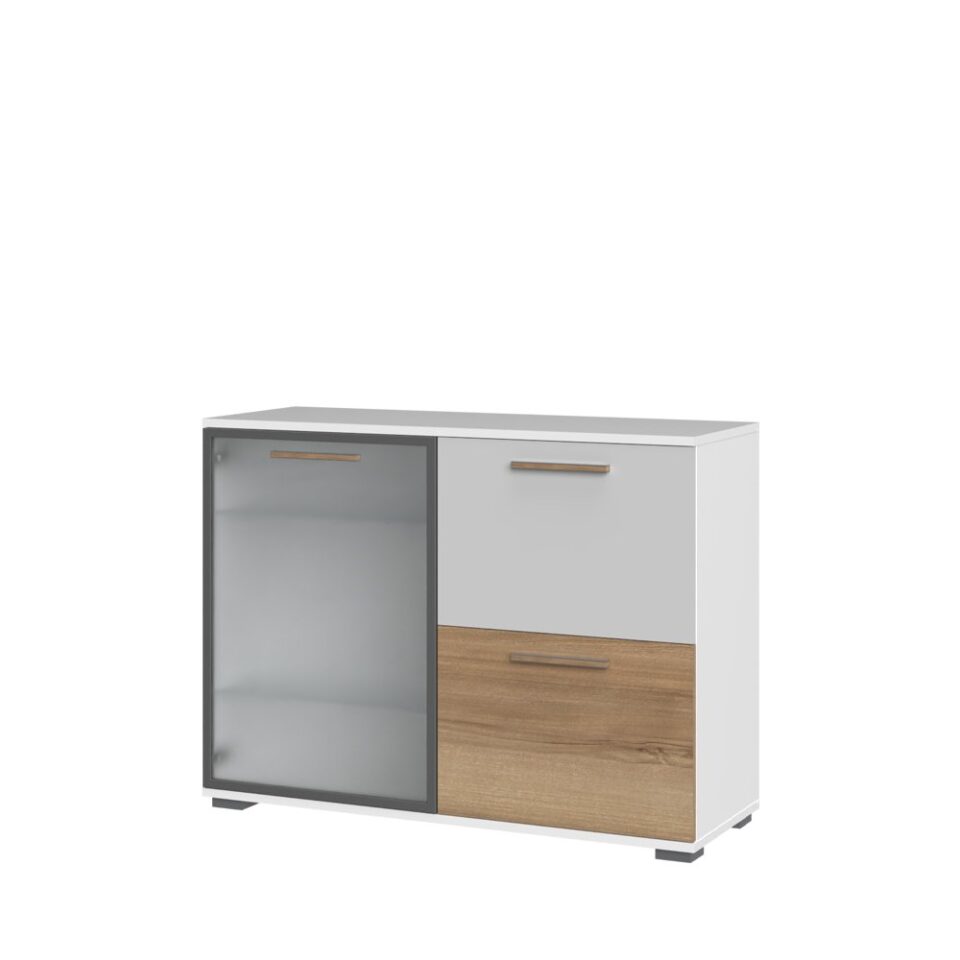 Komoda All Room Concept C8, fronte biserno siva in pacifik oreh, s steklenim krilom