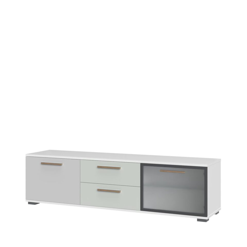 TV omarica All Room Concept E5, fronte biserno siva in svetlo zelena, s steklenim krilom