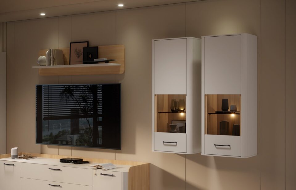 Dnevna soba Radda Air, detajl sestava, Pepper White in Furneo hrast