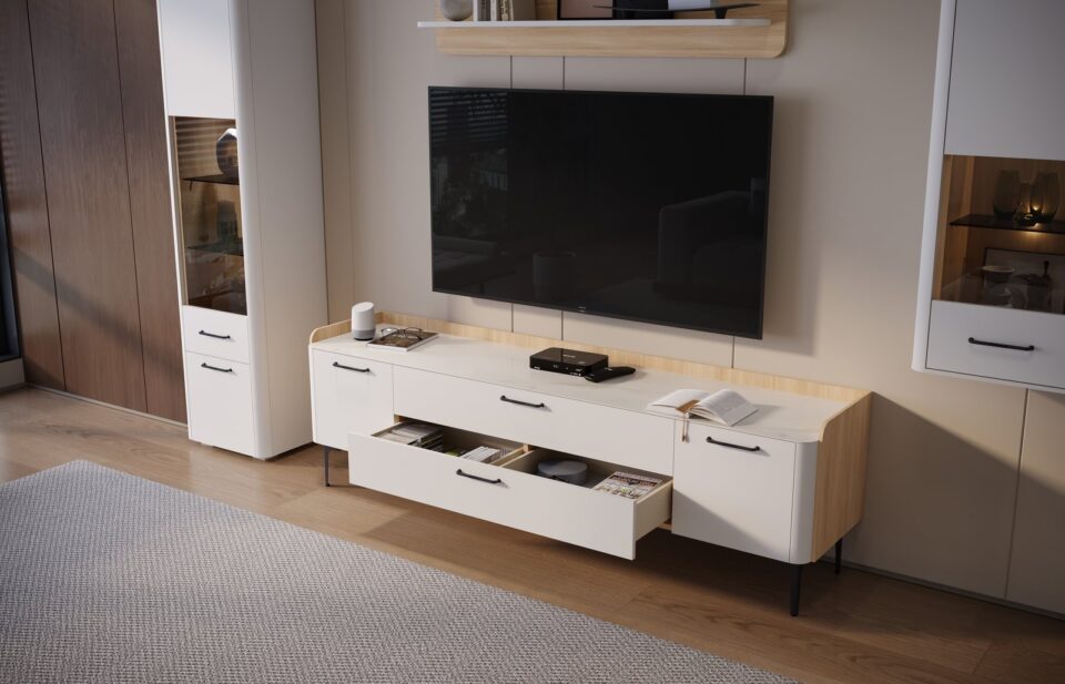 Dnevna soba Radda Air, TV omarica, Pepper White in Furneo hrast