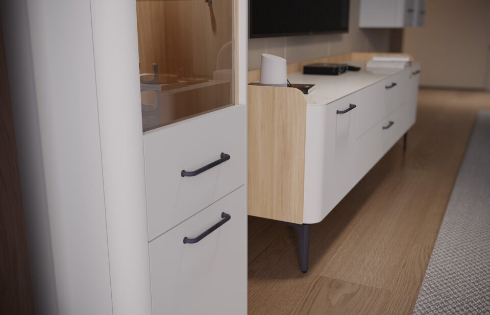 Dnevna soba Radda Air, detajl sestava, Pepper White in Furneo hrast