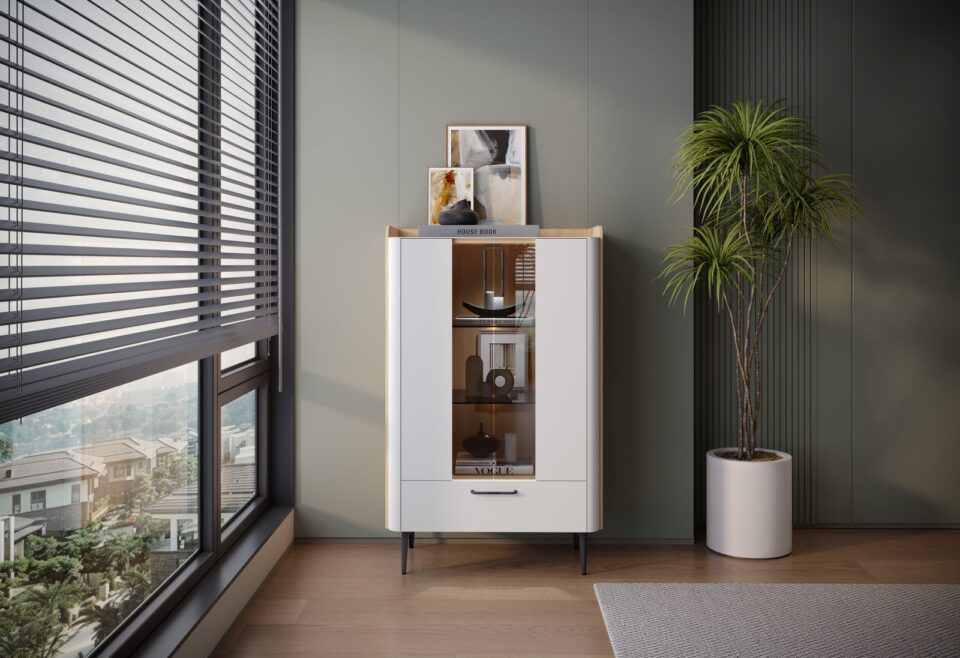 Dnevna soba Radda Air, vitrina, Pepper White in Furneo hrast