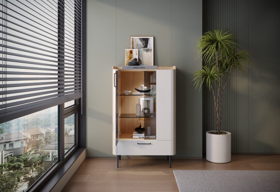 Dnevna soba Radda Air, odprta vitrina, Pepper White in Furneo hrast
