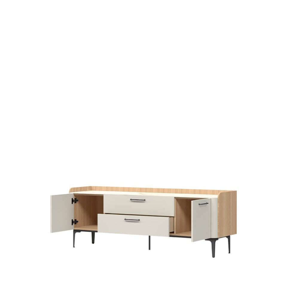 TV omarica Radda Air TV175-2K2F/AI, Pepper White / Furneo hrast, odprta, pogled pod kotom