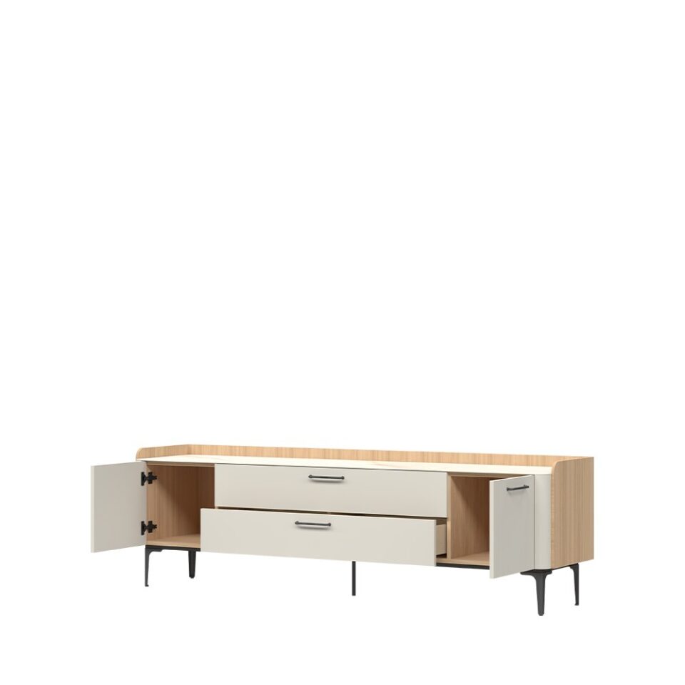 TV omarica Radda Air TV209-2K2F/AI, Pepper White / Furneo hrast, odprta, pogled pod kotom