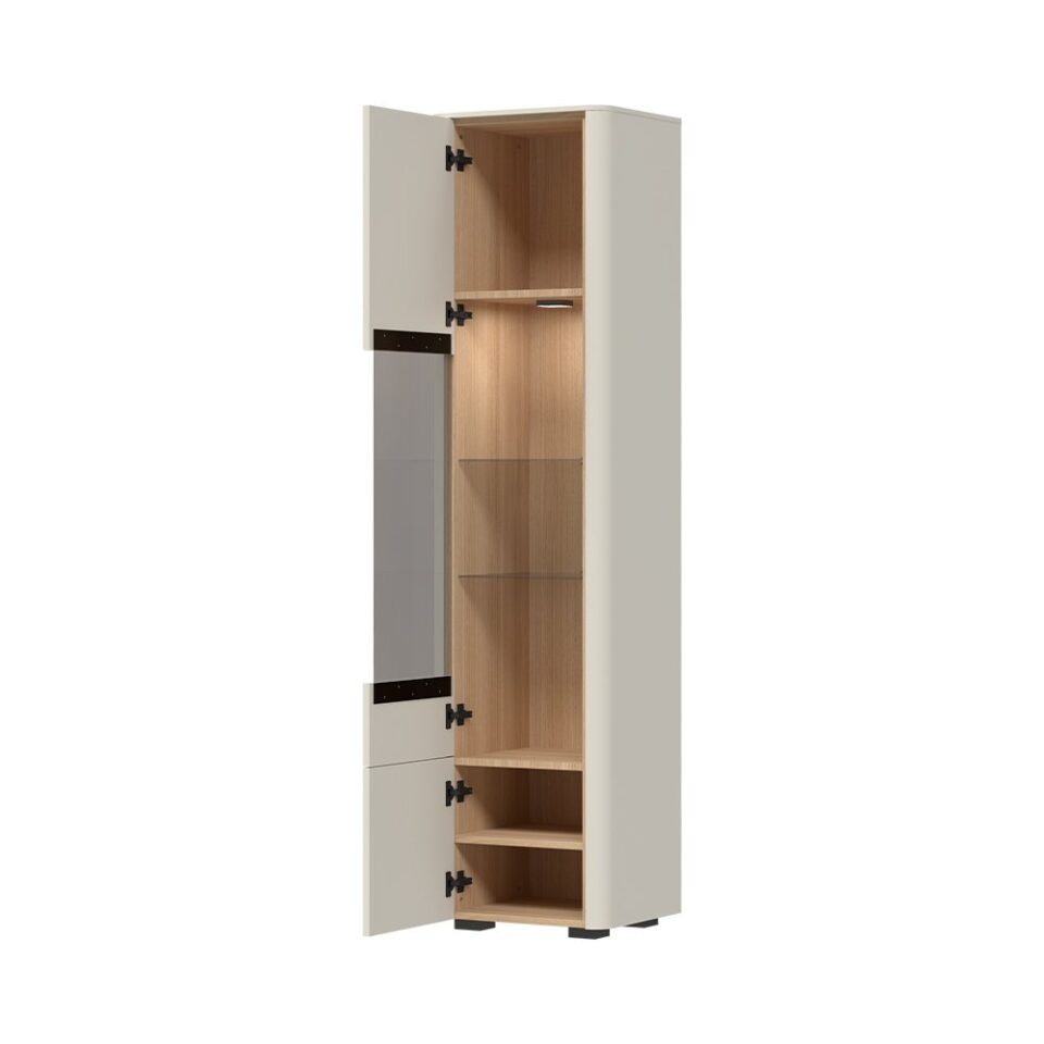 Vitrina Radda Air V50-2KS/AI, Pepper White / Furneo hrast, odprta, pogled pod kotom