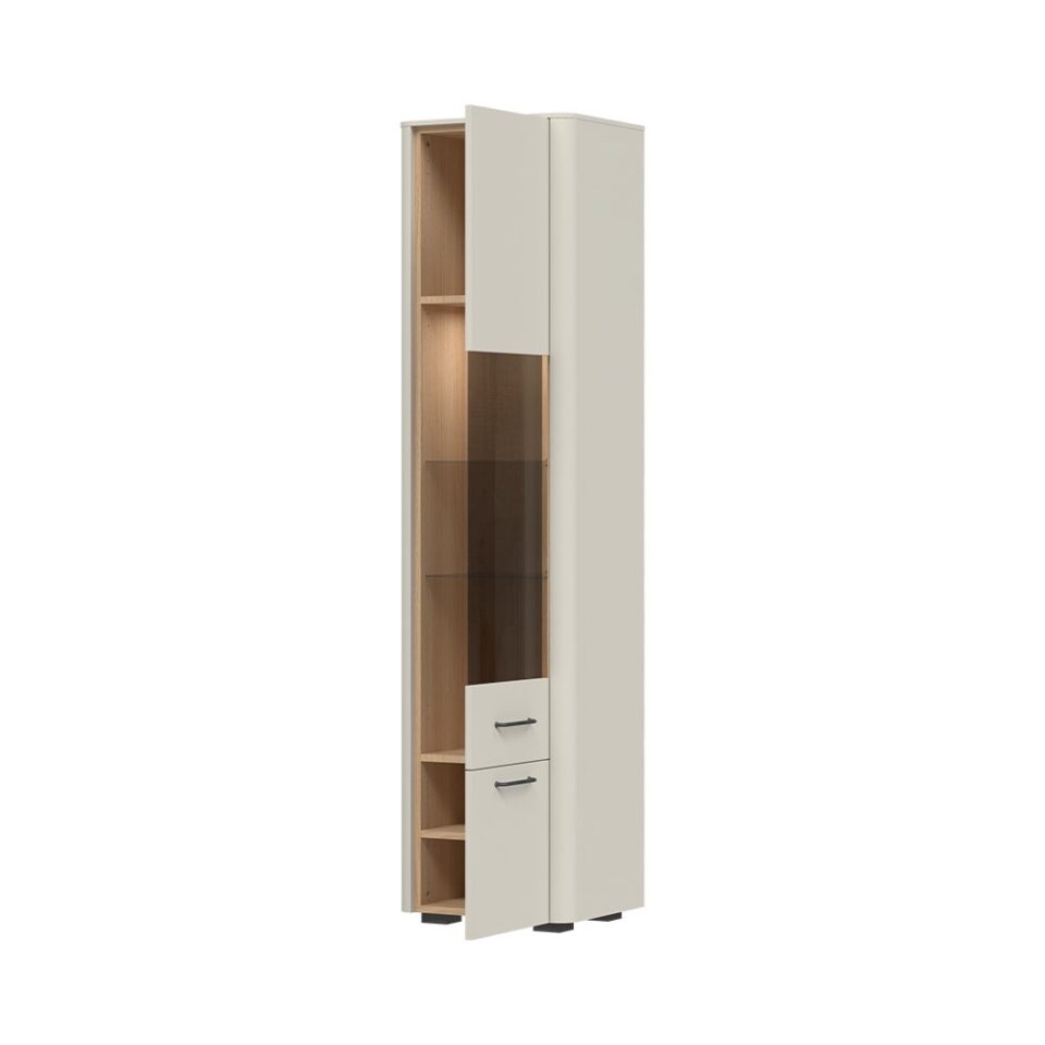 Vitrina Radda Air V50-2KS/AI, Pepper White / Furneo hrast, odprta, pogled pod kotom