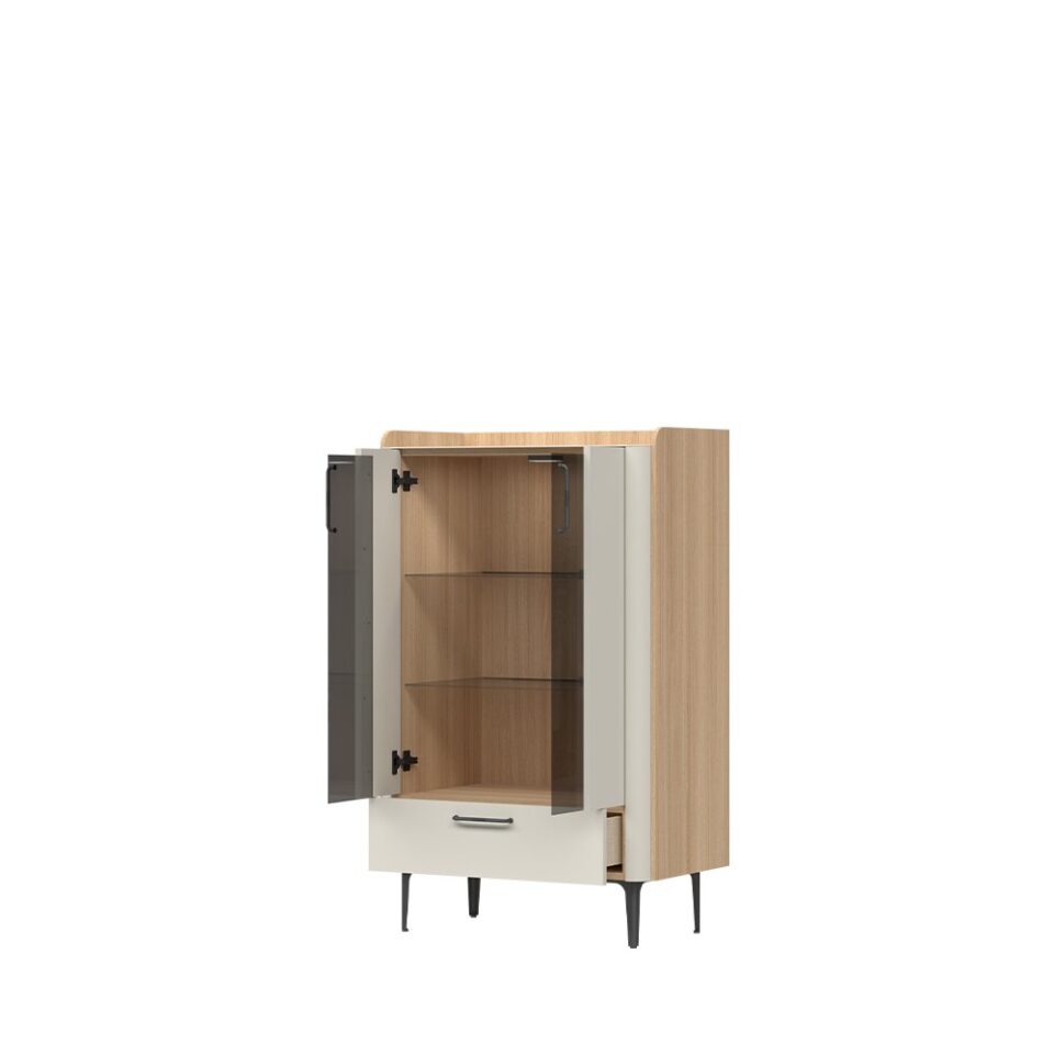 Vitrina Radda Air V82-2KS1F/AI, Pepper White / Furneo hrast, odprta, pogled pod kotom