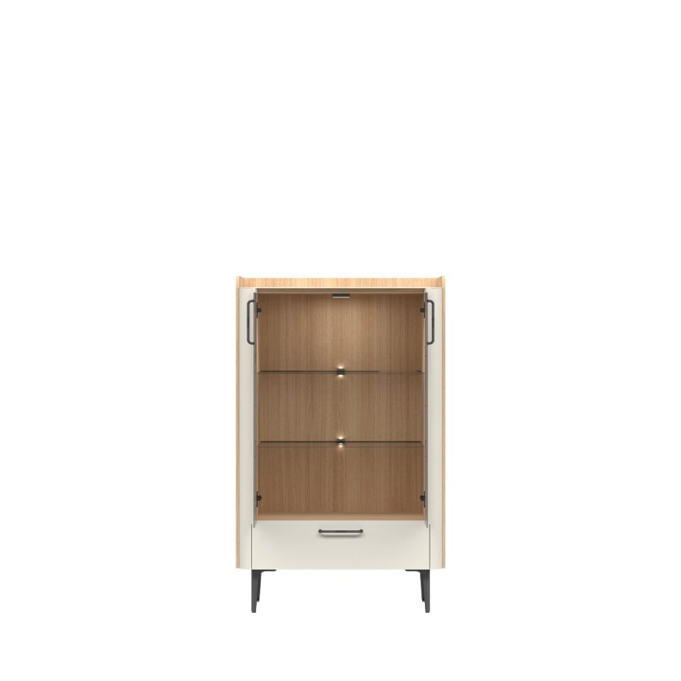 Vitrina Radda Air V82-2KS1F/AI, Pepper White / Furneo hrast, odprta