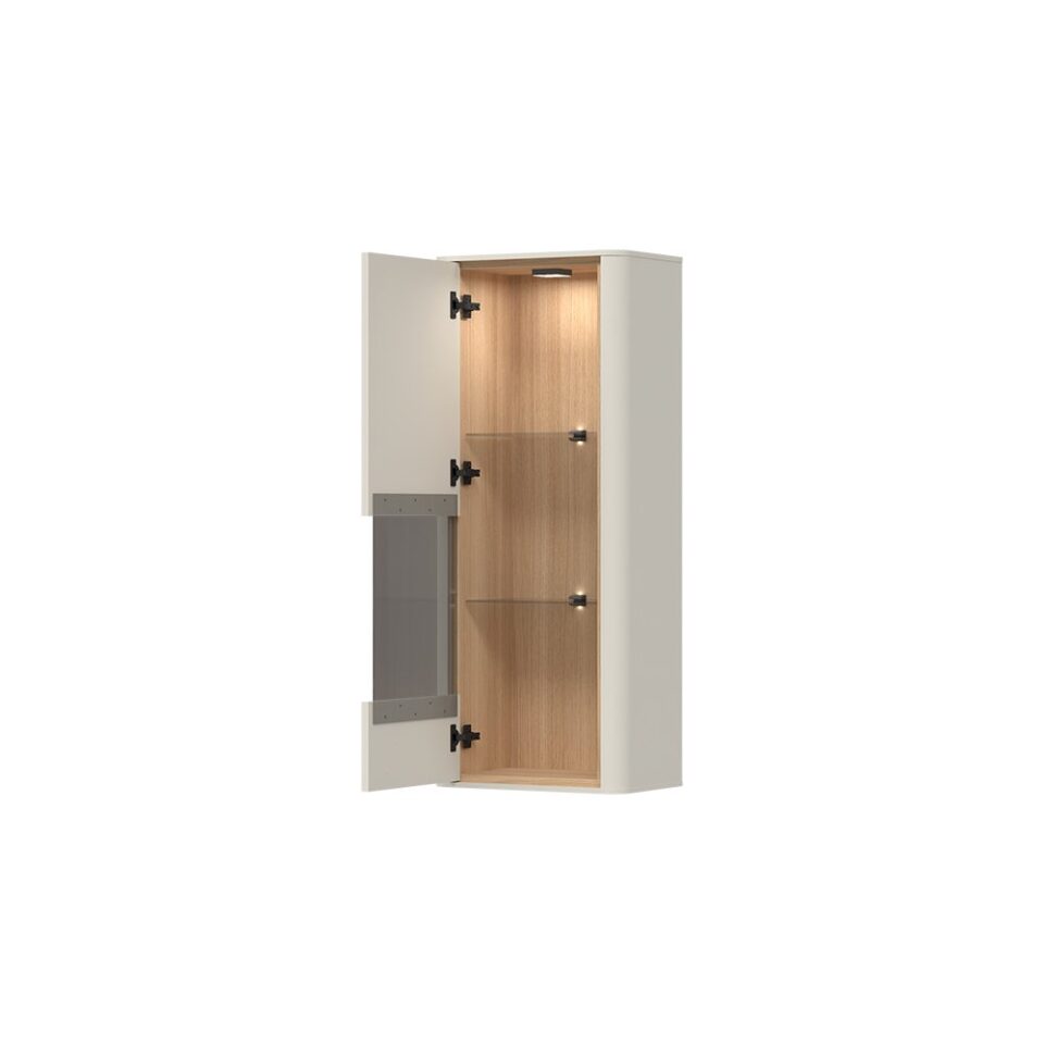 Viseča vitrina Radda Air VK-1KS/AI, Pepper White / Furneo hrast, odprta, pogled pod kotom