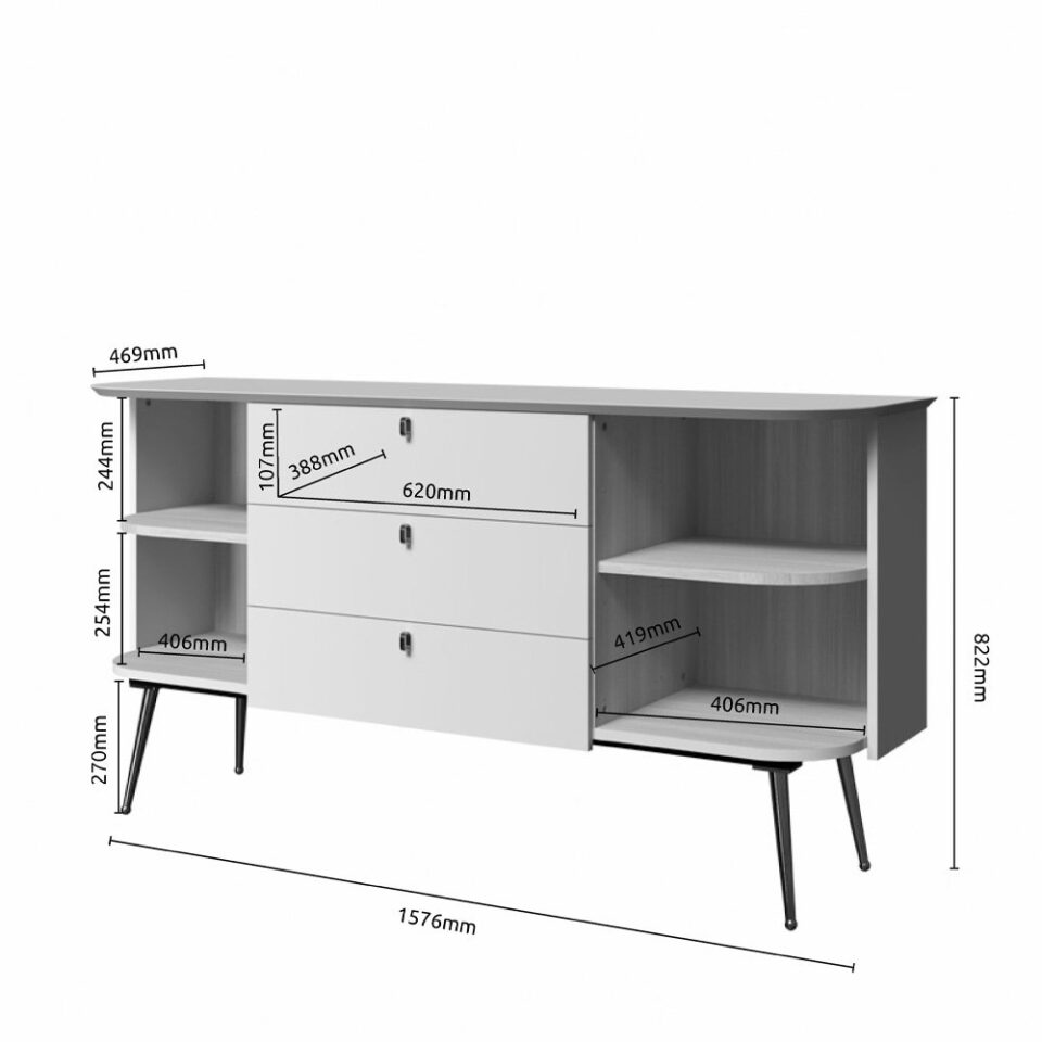 Komoda Radda Galet K158-2K3F/GT, Bela mat / naravni furnir, skica z merami