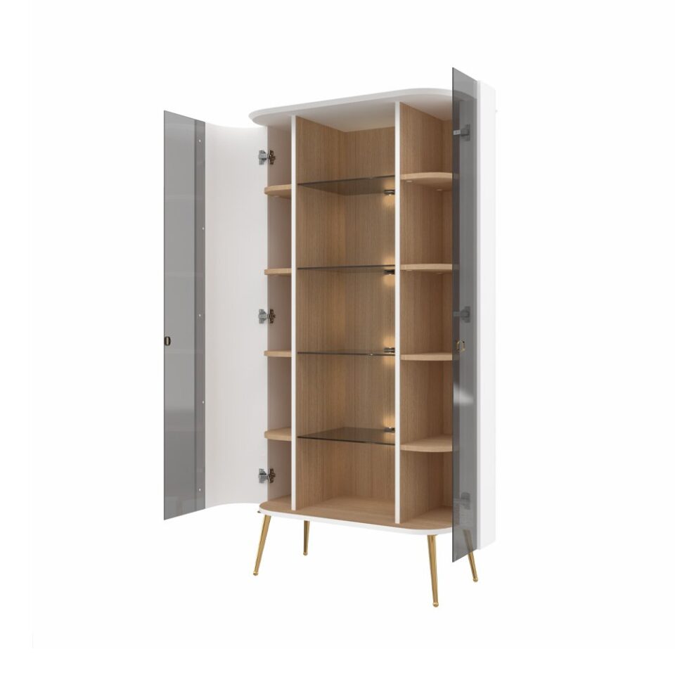 Vitrina Radda Galet V90-2S/GT, Bela mat / naravni furnir, odprta, pogled pod kotom