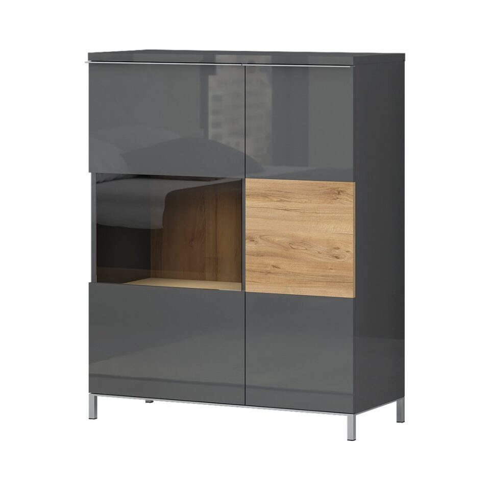 Vitrina Radda Onyx V90-2KS/ON, Antracit HG / Pacifik oreh, pogled pod kotom