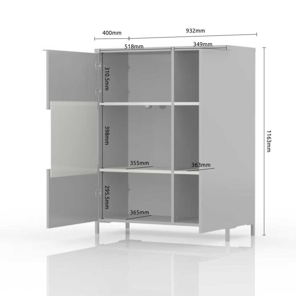 Vitrina Radda Onyx V90-2KS/ON, Antracit HG / Pacifik oreh, skica z merami
