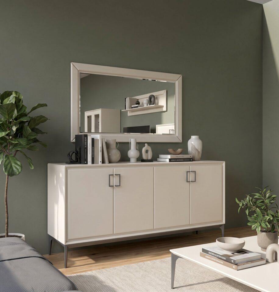 Dnevna soba Radda Regent, komoda z ogledalom, Pepper White mat in antracit
