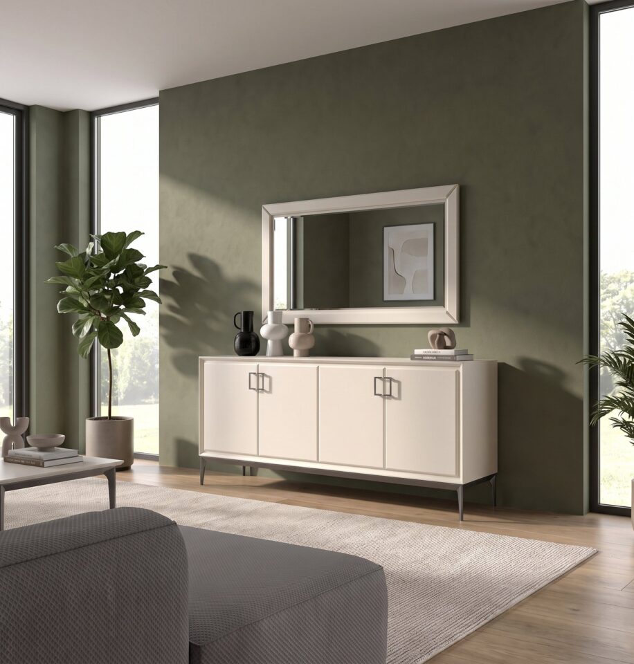 Dnevna soba Radda Regent, komoda z ogledalom, Pepper White mat in antracit