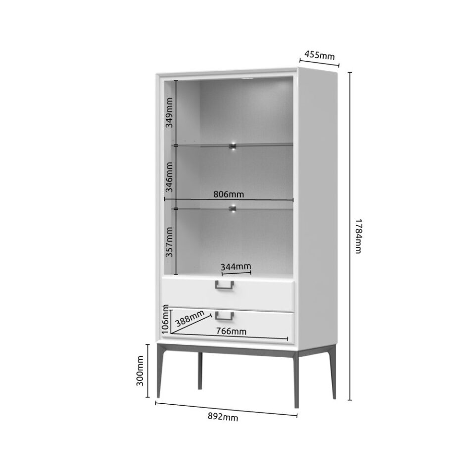 Vitrina Regent V22-2KS2F/RG, Pepper White, skica z merami