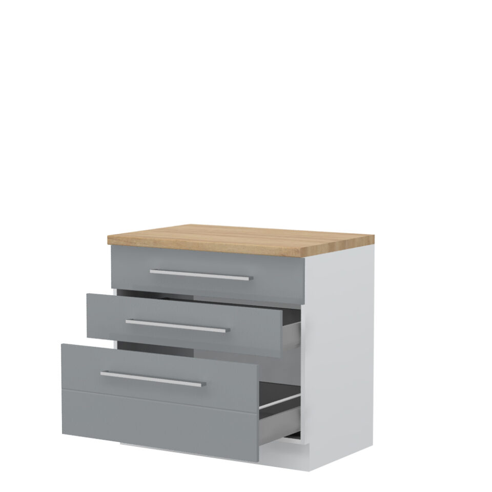 Kuhinjska spodnja omarica s tremi predali Highline R-90-3MBOX/3, 90 cm, korpus Bela, fronta Onyx visoki sijaj