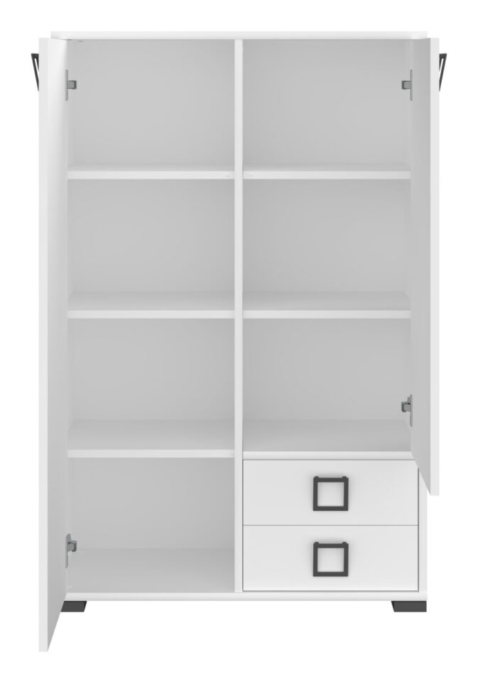Komoda z 2 vrati in 2 predaloma Kiki K22, korpus Bela, fronta Bela (odprta, notranjost)