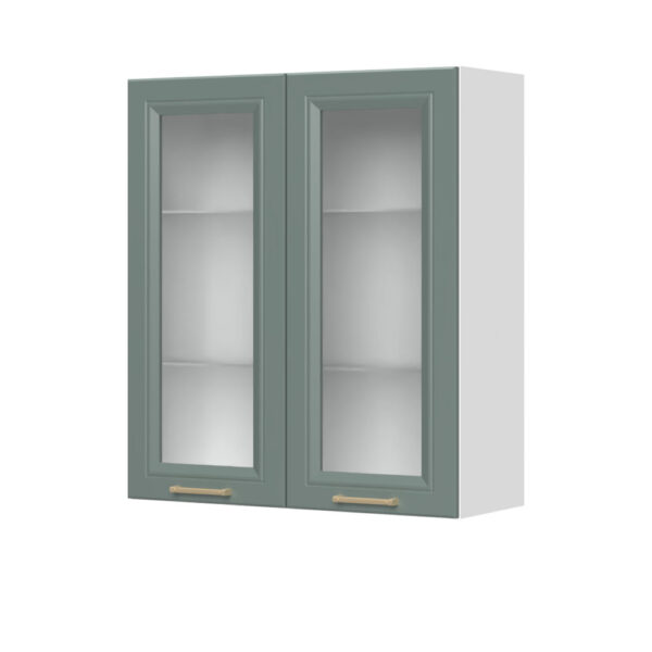 Kuhinjska zgornja viseča omarica z dvojnimi steklenimi vrati Regent V9-80-2KS/4, 80 cm, višina 91 cm, korpus Bela, fronta Forest green