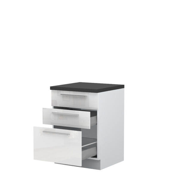 Kuhinjska spodnja omarica s tremi predali Riva R-60-3MBOX/2, 60 cm, korpus Bela, fronta Kristalno bela lak