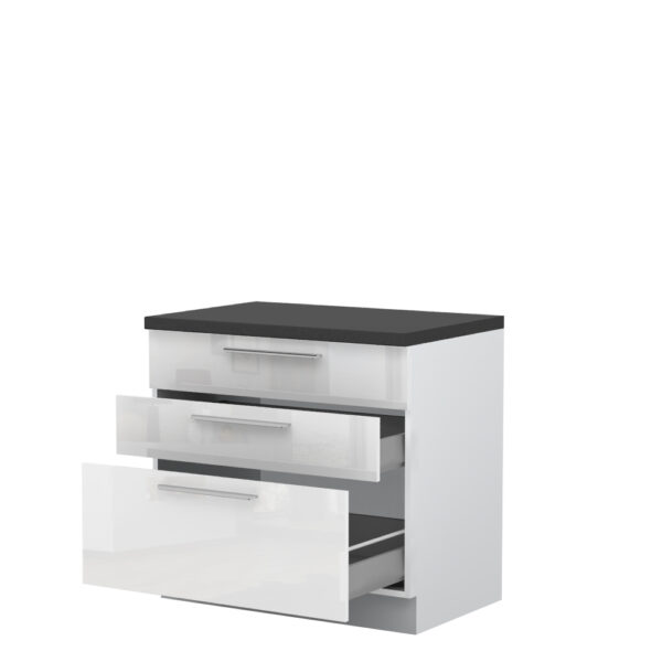 Kuhinjska spodnja omarica s tremi predali Riva R-90-3MBOX/2, 90 cm, korpus Bela, fronta Kristalno bela lak