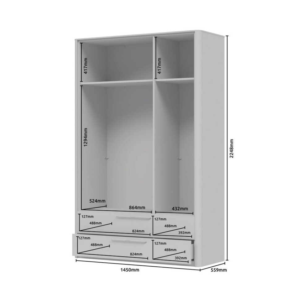Garderobna omara z ogledalom Air P32-3OG/AI (skica z merami)