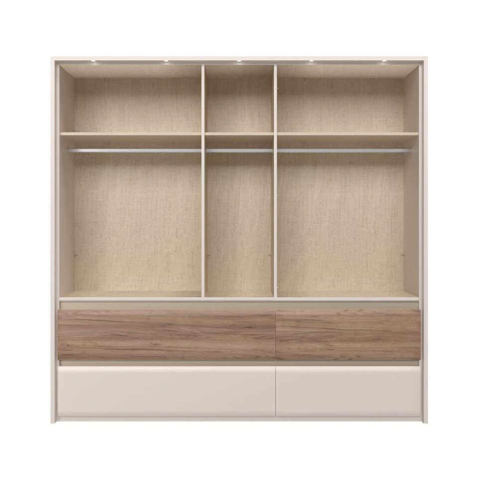Garderobna omara Invictus P54/IC, kašmir mat lak, tobacco hrast (odprta, notranjost)