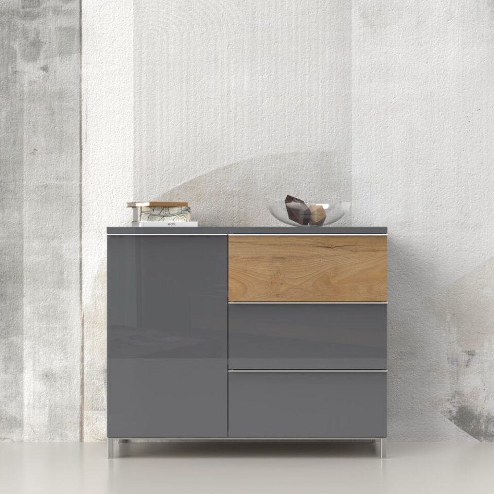 Komoda Onyx K13/ON, antracit HG lak, pacifik oreh (detajl v prostoru)