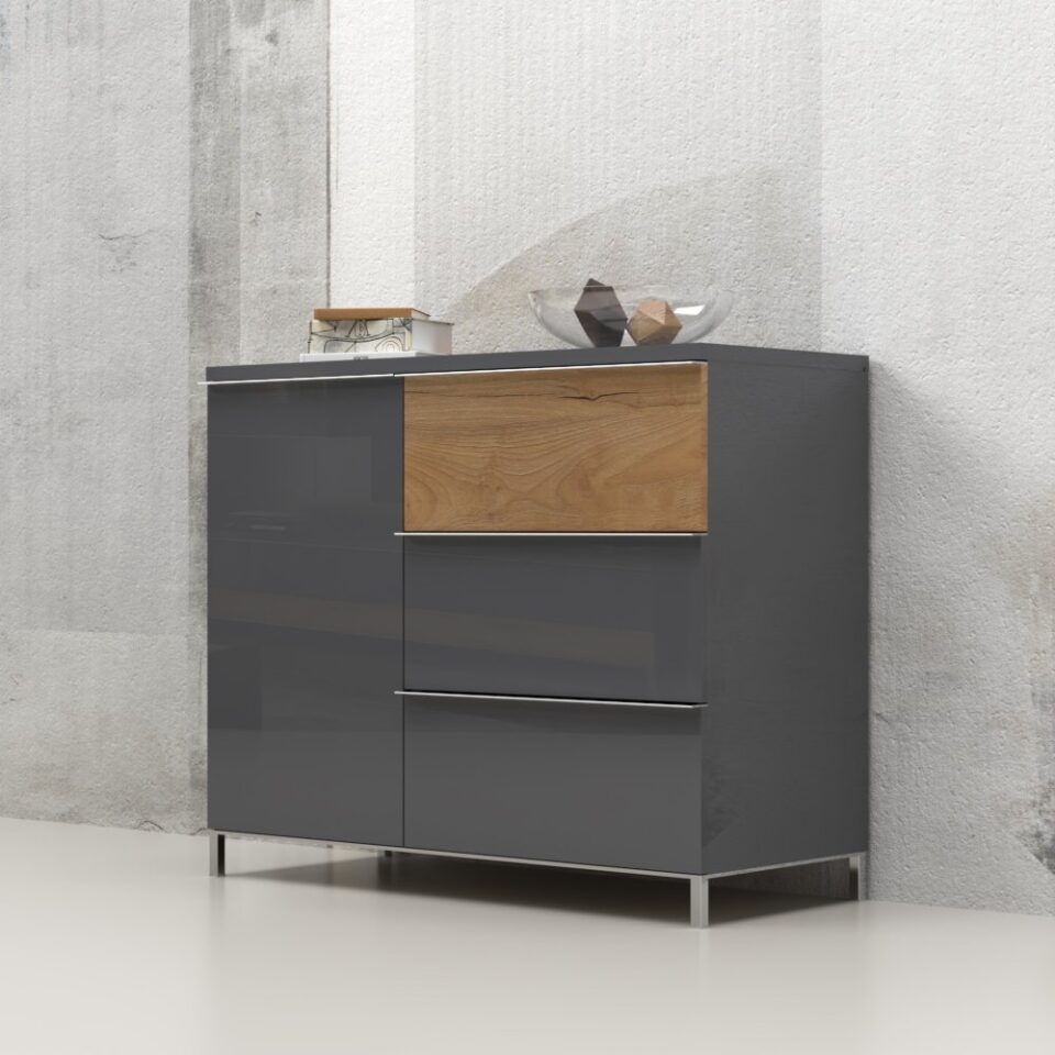 Komoda Onyx K13/ON, antracit HG lak, pacifik oreh (detajl v prostoru)