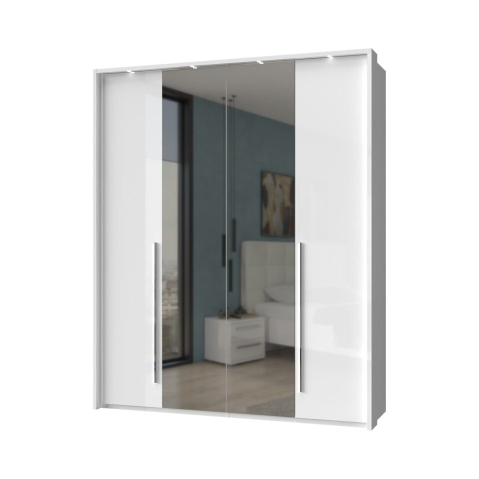 Garderobna omara z ogledalom z LED lajsnami Piano P4B-2OG/PN, bela
