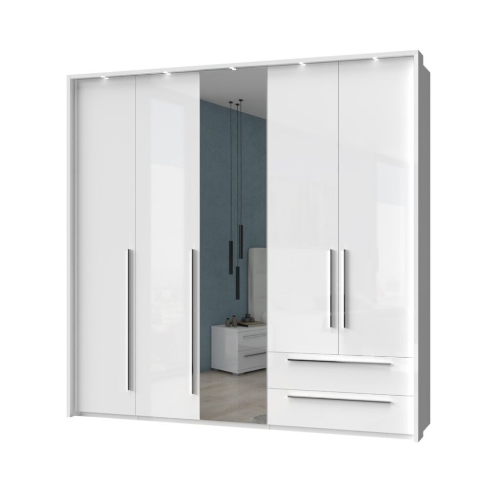 Garderobna omara z ogledalom z LED lajsnami Piano P52B-1OG/PN, bela