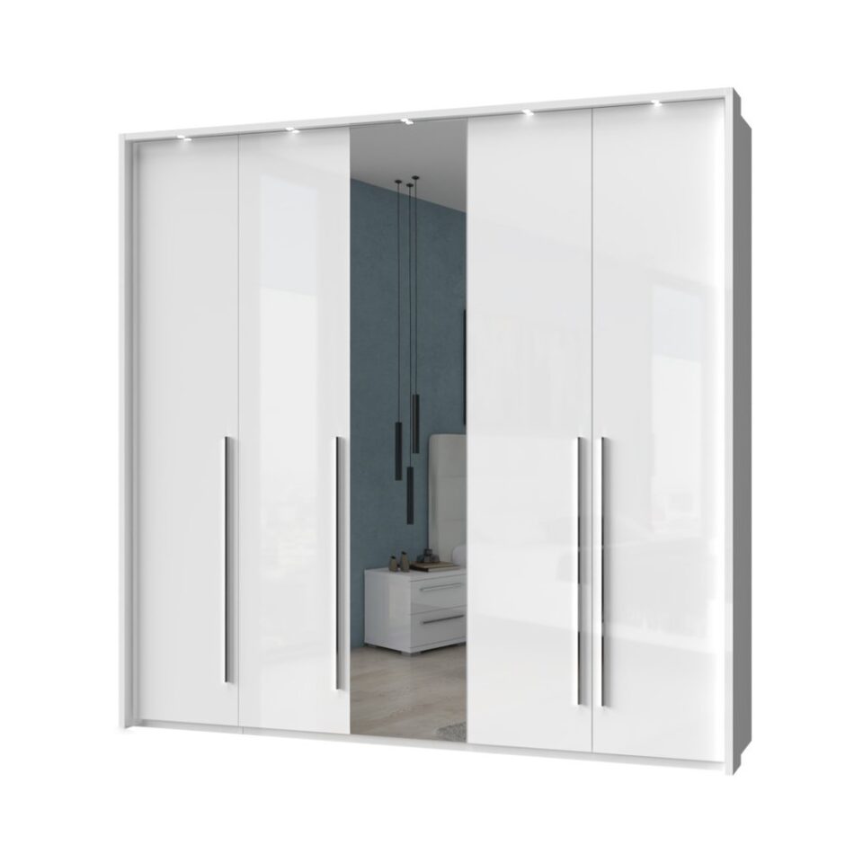 Garderobna omara z ogledalom z LED lajsnami Piano P5B-1OG/PN, bela
