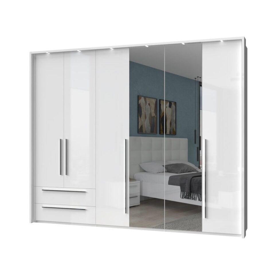 Garderobna omara z ogledalom z LED lajsnami Piano P62B-2OG/PN, bela