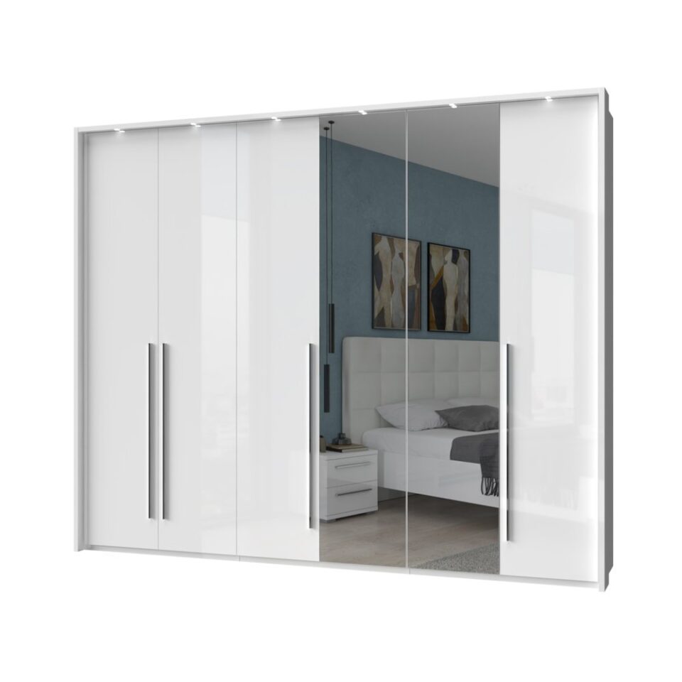 Garderobna omara z ogledalom z LED lajsnami Piano P6B-2OG-2/PN, bela