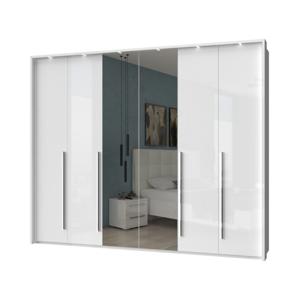 Garderobna omara z ogledalom z LED lajsnami Piano P6B-2OG/PN, bela