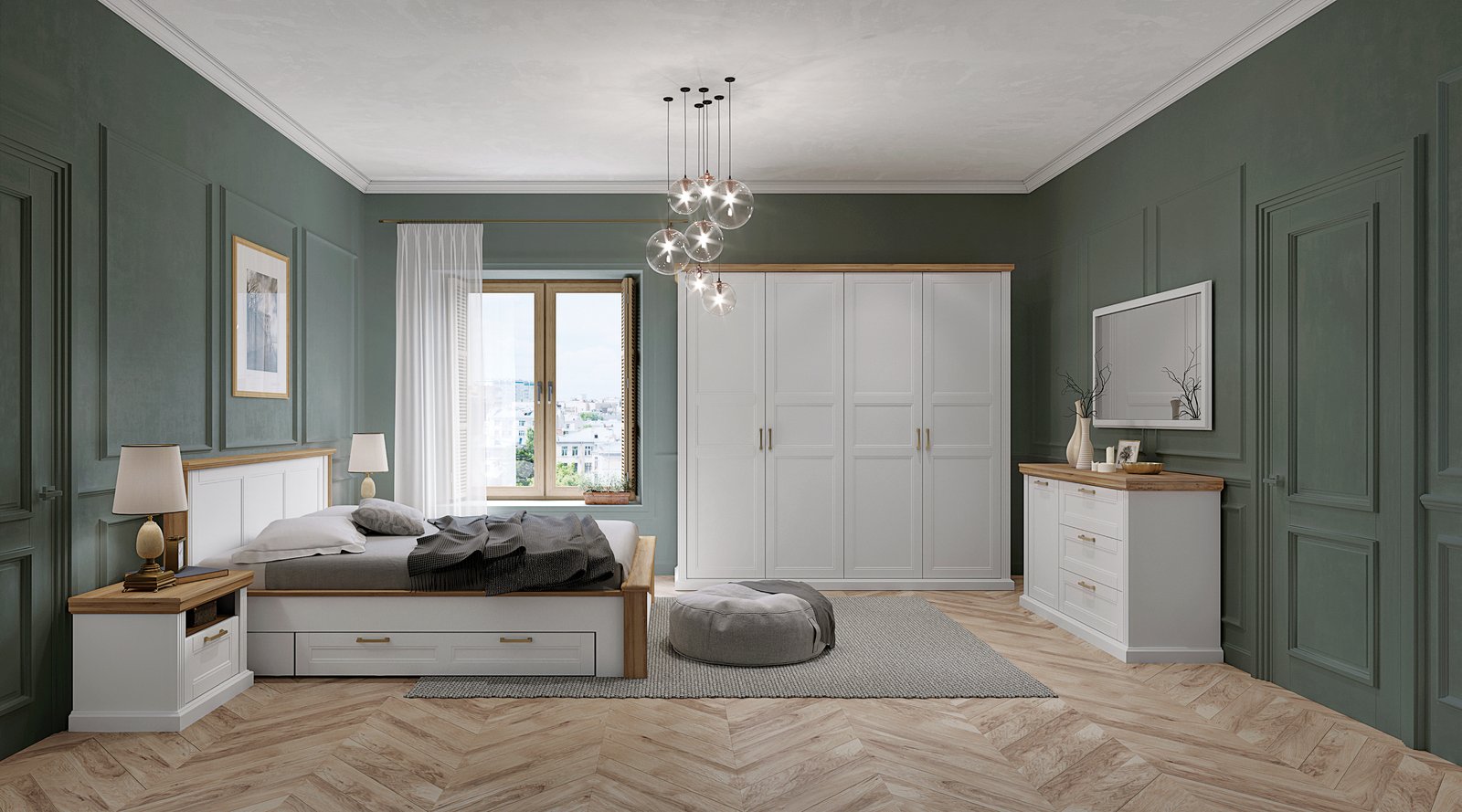 Spalnica Tara bela: omara P4, postelja, komoda K13
