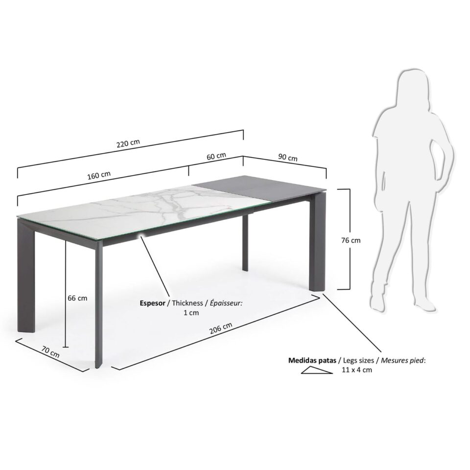 Raztegljiva miza Axis, porcelan White Kalos, antracitne noge, 160 (220) x 90 cm