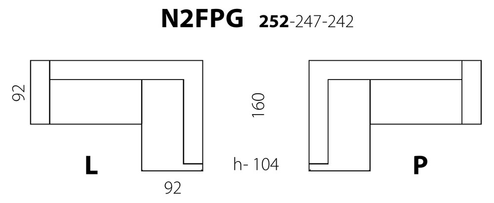 Tloris kompaktne kotne garniture Metro N2FPG, leva in desna postavitev, z merami