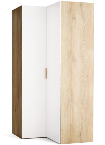 Kotna garderobna omara Stor, desna, 225 cm, fronte bela, ročaj hrast, kratek zaobljen
